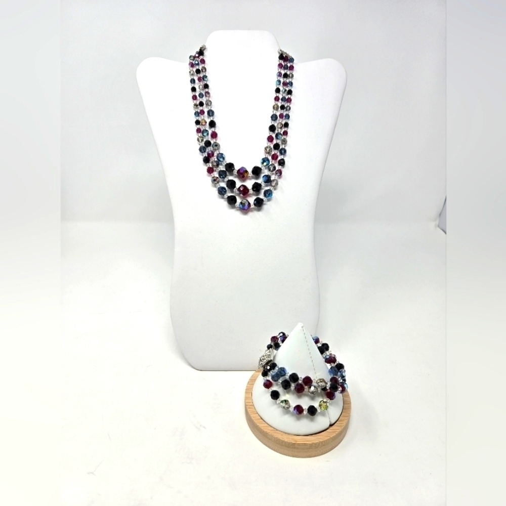 VINTAGE LAGUNA AB CRYSTAL TRIPLE STRAND DEMI PARURE NECKLACE BRACELET JEWELRY